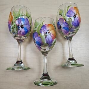 Lot of 3 Handpainted Signed Wine Glasses Floral Flowers 14 oz Water Wedding